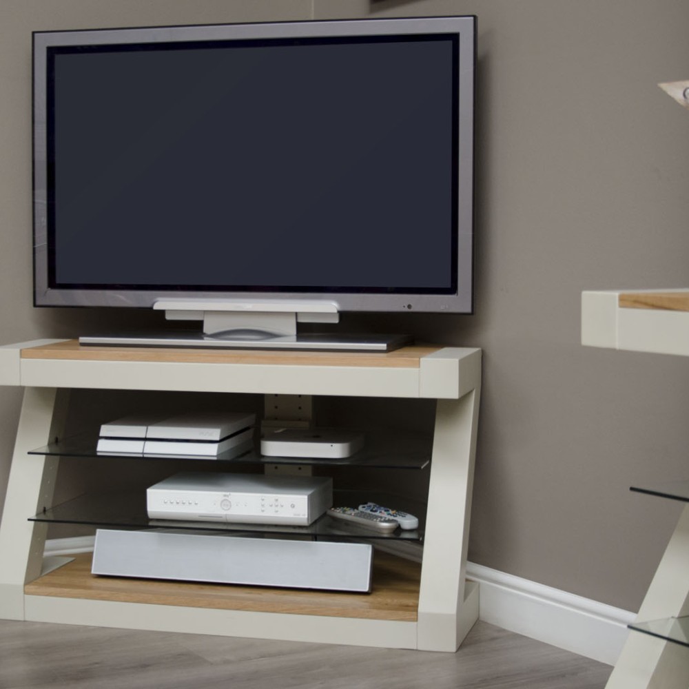 Z Painted Corner TV Unit with Natural Oak Top Z Painted Corner TV Unit with Natural Oak Top